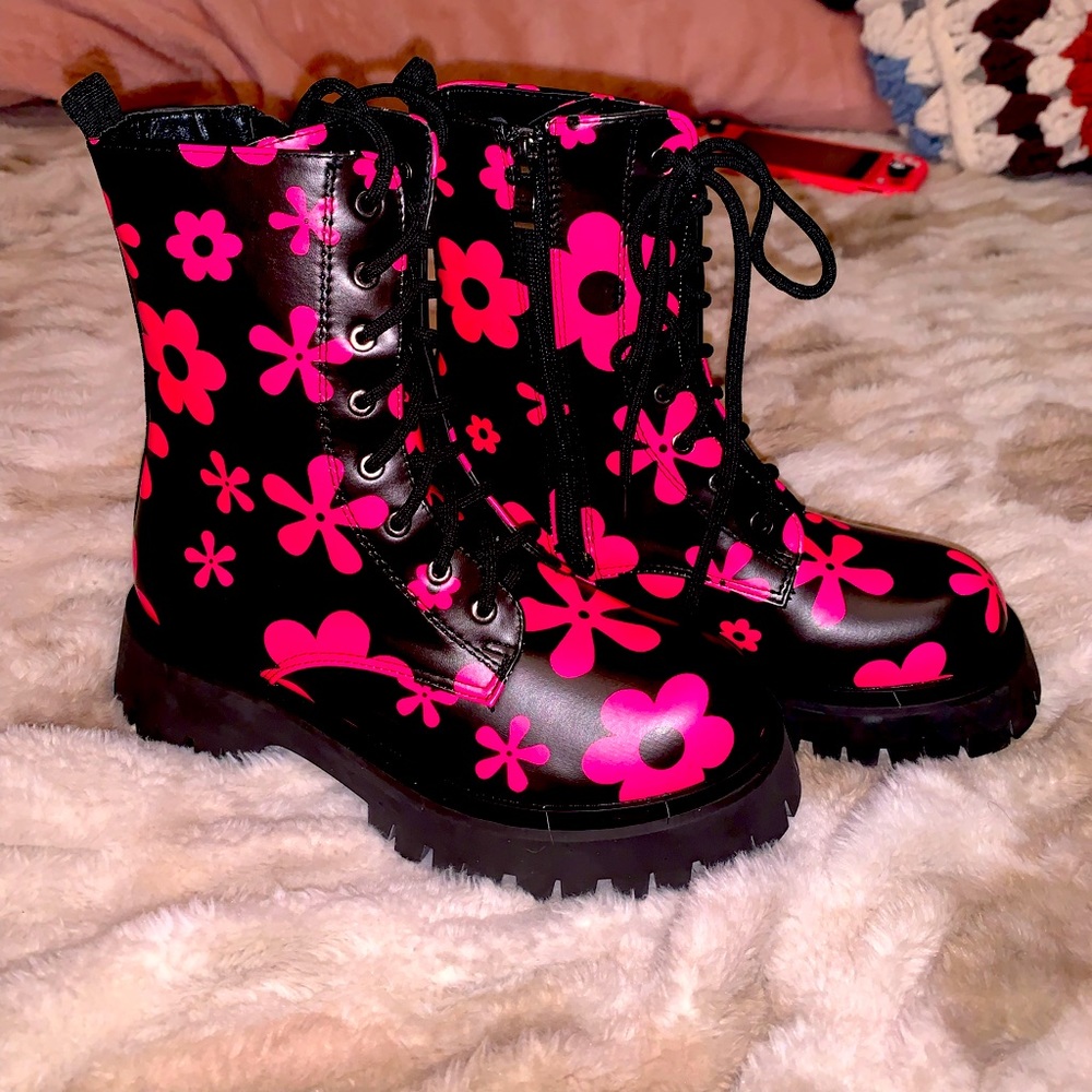 KOI VEGAN FLORAL COMBAT BOOTS